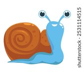 Cartoon illustration of a cute snail with big eyes, a brown shell, and a blue body, slithering and smiling