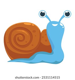 Ilustración de dibujos animados de un caracol lindo con ojos grandes, una concha marrón y un cuerpo azul, deslizándose y sonriendo