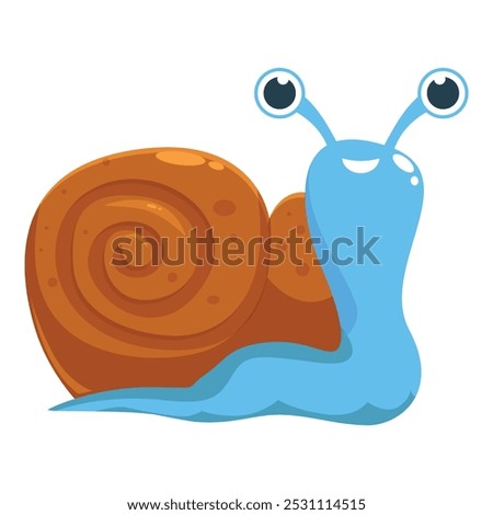 Cartoon illustration of a cute snail with big eyes, a brown shell, and a blue body, slithering and smiling