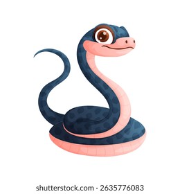 A cartoon illustration of a cute snake with big brown eyes and a pink belly. The snake is coiled and smiling, and it has a friendly, approachable appearance.