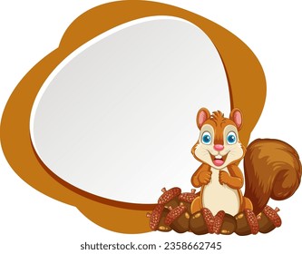 A cartoon illustration of a cute squirrel holding an acorn banner