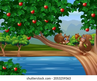 Cartoon illustration a cute squirrels on the apple tree