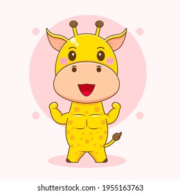 Cartoon illustration of cute strong giraffe character