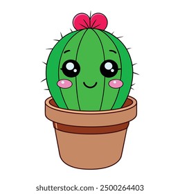 Cartoon illustration of a cute succulent or cactus kawaii in a pot.