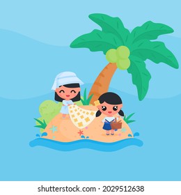 Cartoon illustration of cute summer girl character picnic with holding picnic basket at the beach in summer holiday. suitable for summer design element, children illustration, and sticker.