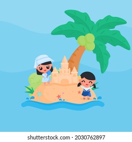 Cartoon illustration of cute summer girl character building sand castle at the beach in summer holiday. suitable for summer design element, children illustration, and sticker.