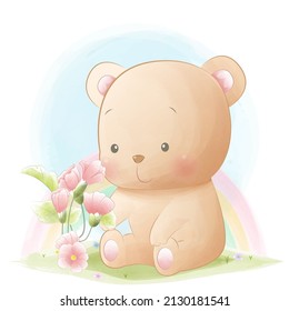 Cartoon illustration cute teddy bear and flowers