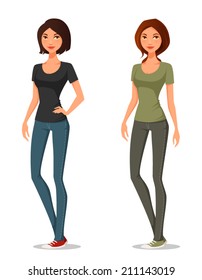 cartoon illustration of a cute teenage girl in jeans