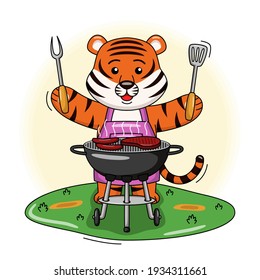 
Cartoon illustration of cute tiger cooking barbecue meat