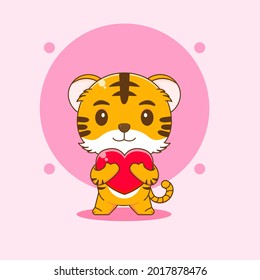 Cartoon illustration of cute tiger hugging heart love