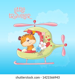 Cartoon illustration of a cute tiger on a helicopter. Vector illustration