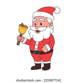 cartoon illustration of cute traditional chibi Santa Claus character holding ringing bell on christmas day