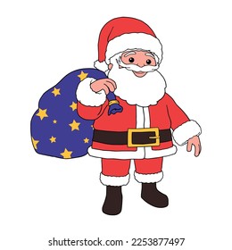 cartoon illustration of cute traditional chibi Santa Claus character carrying big bag full of gifts on christmas day