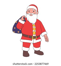 cartoon illustration of cute traditional Santa Claus character carrying big sack full of gifts on christmas day