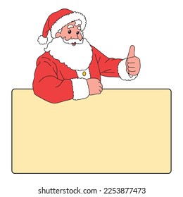 cartoon illustration of cute traditional Santa Claus character holding a blank sheet and and showing thumbs up on christmas day