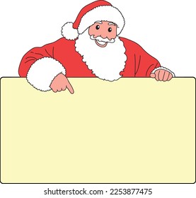 cartoon illustration of cute traditional Santa Claus character peeking over a sign and pointing by index finger to it on christmas day