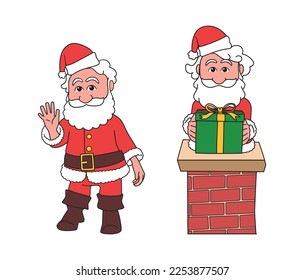 cartoon illustration of cute traditional Santa Claus character saying hi waving his hand and bringing gifts on Christmas Eve while is sitting on a roof