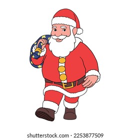 cartoon illustration of cute traditional Santa Claus character walking and carrying big bag full of gifts on christmas day