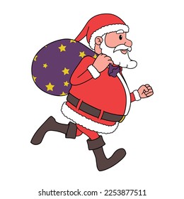 cartoon illustration of cute traditional Santa Claus character carrying a big sack and running on christmas eve