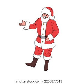 cartoon illustration of cute traditional Santa Claus character with arm out in welcoming gesture on christmas day