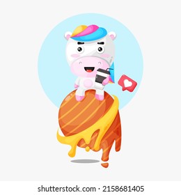 Cartoon illustration of cute unicorn drinking coffee over the planet