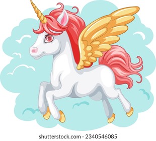 A cartoon illustration of a cute unicorn flying with wings against a blue sky background