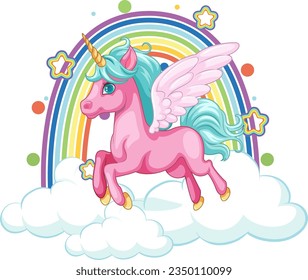 A cartoon illustration of a cute unicorn flying with wings against a blue sky and rainbow background