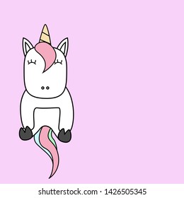 Cartoon illustration of cute unicorn sitting.