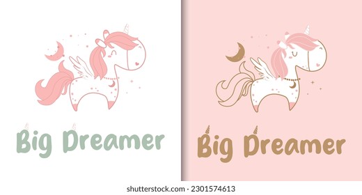 Cartoon illustration cute unicorn with text " Big Dreamer ". Vector illustration. Greeting card, fabric