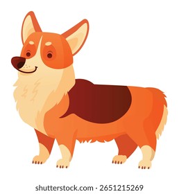 Cartoon illustration of a cute welsh corgi dog standing and smiling happily, showing its fluffy fur and friendly expression, isolated on white background