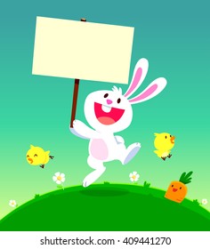 cartoon illustration of cute white rabbit holding a sign with chicks and carrot