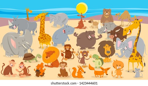 Cartoon Illustration of Cute Wild Animal Huge Comic Characters Group