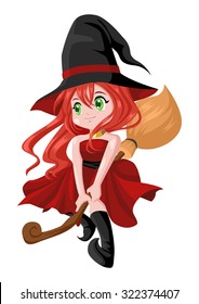 Cartoon illustration of a cute witch flying on her broom