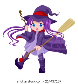 Cartoon illustration of a cute witch with her broom and magic wand