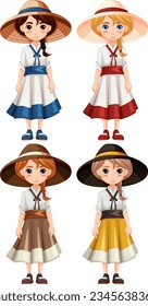A cartoon illustration of a cute woman wearing traditional Asian dress