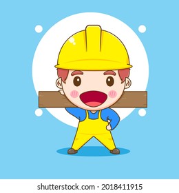 Cartoon illustration of cute worker with plank wood