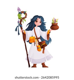 Cartoon illustration of a cute young druid girl wearing a white robe, holding a staff decorated with plants and a pouch full of herbs. The character is isolated on white.