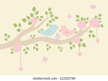 Cartoon illustration: cutest  family of birds. Happy parents and baby.