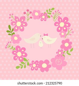 Cartoon illustration: cutest  family of birds. Happy parents and baby.