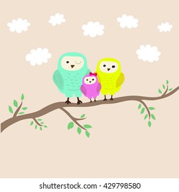 Cartoon illustration: cutest family of owls on the tree. Happy parents and baby.