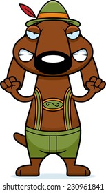 A cartoon illustration of a dachshund in lederhosen looking angry.