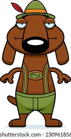 A cartoon illustration of a dachshund in lederhosen looking bored.