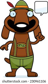 A cartoon illustration of a dachshund in lederhosen talking.