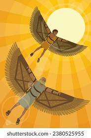 Cartoon illustration of Daedalus and Icarus soaring in the sky with large artificial wings.
