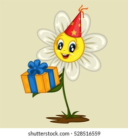 Cartoon Illustration of a Daisy with a Birthday Gift