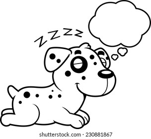 A cartoon illustration of a Dalmatian sleeping and dreaming.