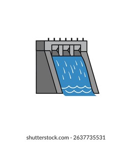 Cartoon Illustration of Dam with Blue Stream Flowing for Hydroelectric Power