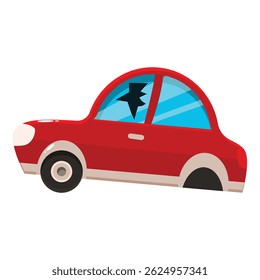 Cartoon illustration of a damaged red car with a broken window and a missing wheel, depicting a traffic accident or vandalism