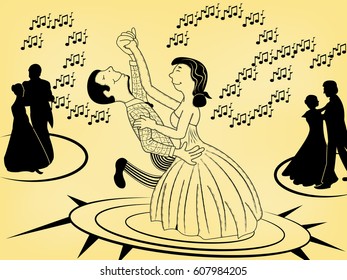 Cartoon illustration of a dancing young couple enjoy on date.