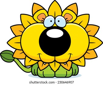 A cartoon illustration of a dandelion lion with a happy expression.